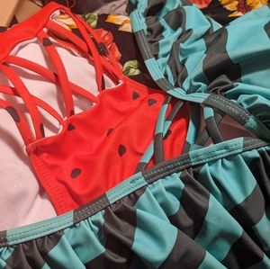 Watermelon print high waisted frill cutouts plus size bikini set size XXL 18 20